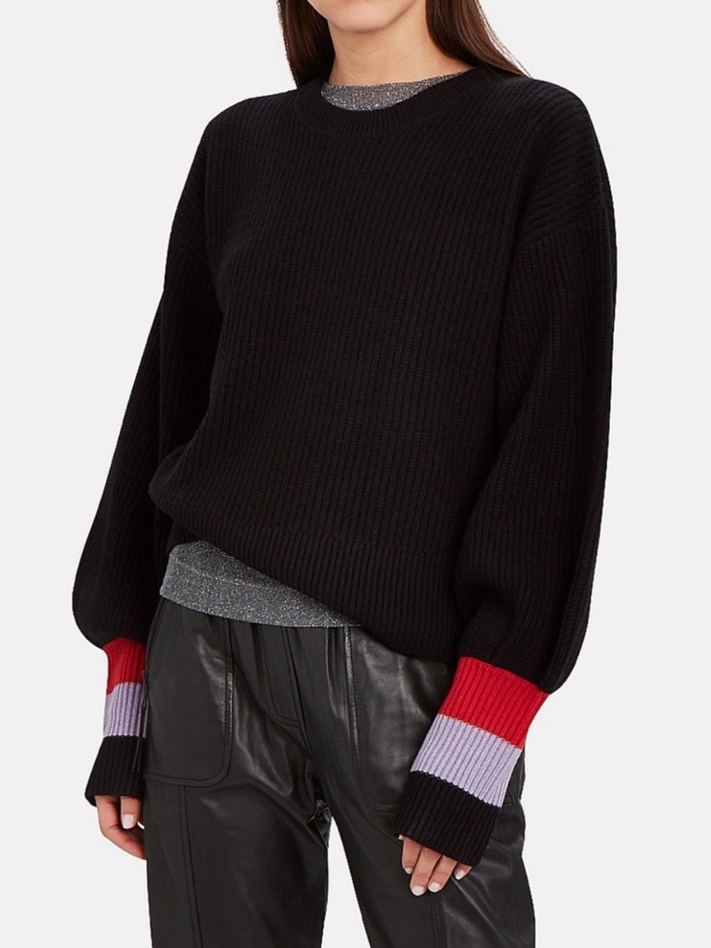 Black Sweater with Red & Lilac Cuff Detail - Women's Crewneck
